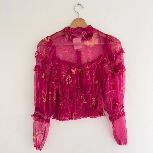 Free People Time For Shine Pink Puff Mesh Smocked long Sleeve Crop Blouse Small - Picture 7 of 7